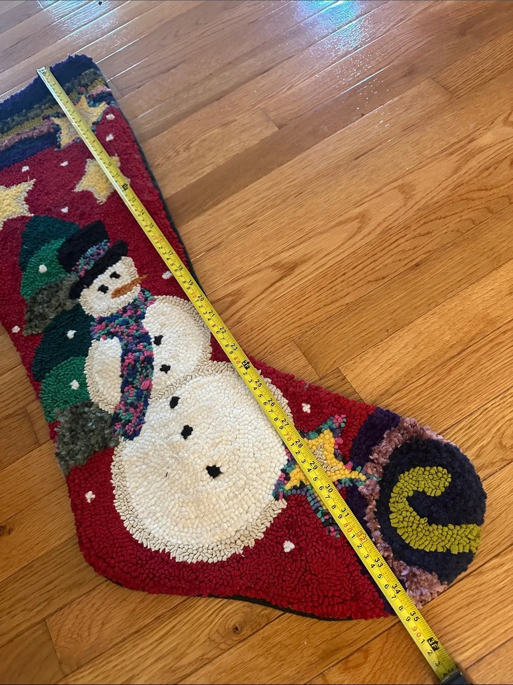 Beautiful vintage 36” wool and cotton handmade needlework snowman, star stocking